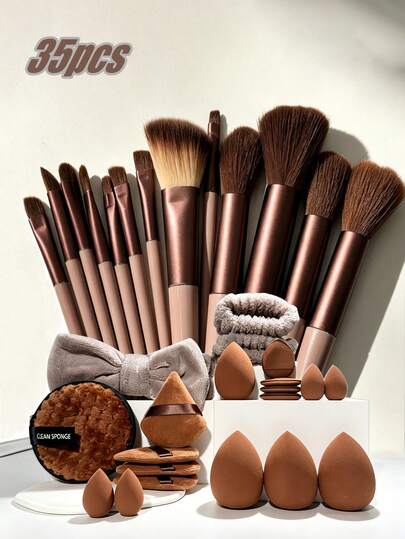 33/35 ชิ้น ชุดแปรงแต่งหน้า (พร้อมกระเป๋าเครื่องสำอางแบบมีเชือกรูด), รวมถึงพัฟแป้ง, ฟองน้ำแต่งหน้า, แปรงปัดแก้ม, แปรงรองพื้น, แปรงแต่งตา, แปรงคอนทัวร์, แปรงขนอ่อนนุ่ม, ชุดแปรงแต่งหน้ามืออาชีพสำหรับผู้หญิง