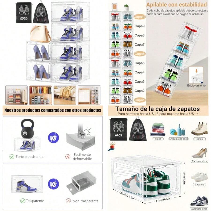 Zapatera Organizador 34x27x19cm - 6 Organizadores de Zapatos Apilable con Puerta Magnética Cajas para Zapatos Transparentes + 6 Bolsas Portátiles A Prueba de Polvo y Humedad - Ver 1