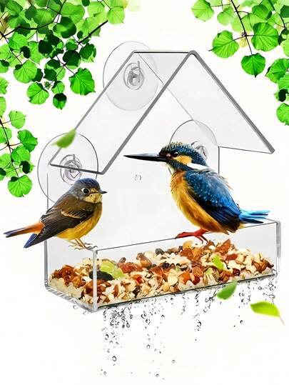 1pc Transparent Acrylic Bird Feeder With Suction Cup - Durable Outdoor Food Bowl Suitable For All Birds, Easy To Clean, Perfect For Installation On Windows Or Glass Doors, Transparent Design Of House Structure, Outdoor Bird Feeder