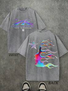 T Shirt Print ,Graphic-Cotton Tees Size Plus, Cartoon Round Neck Short Sleeve, Men's Oversized Washed Graphic T-Shirt Hell Flame Star Silver Print Vintage Streetwear Tee ,Y2K,Oversized Shirt Men,With Shirt,Summer Tops,Shirt Suitable - Xám - Xem 1