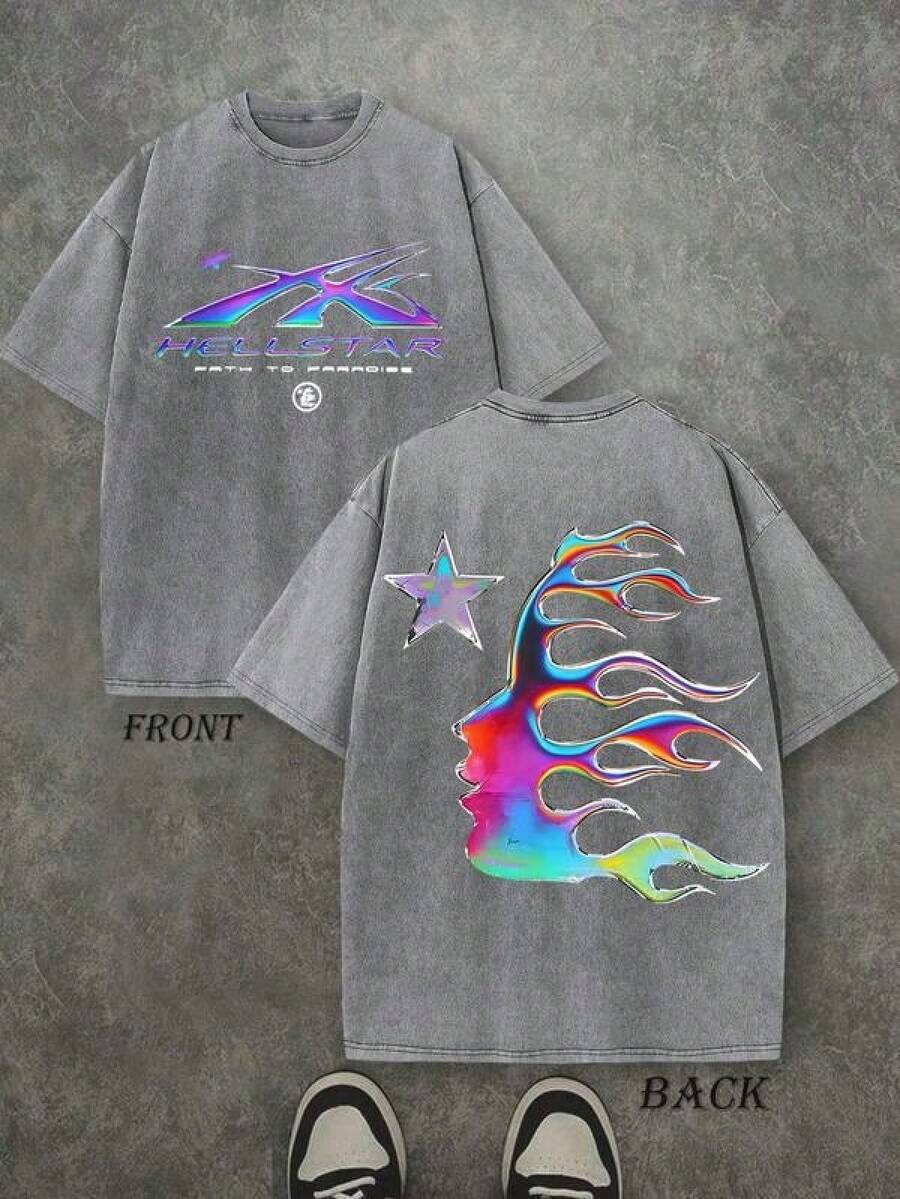 T Shirt Print ,Graphic-Cotton Tees Size Plus, Cartoon Round Neck Short Sleeve, Men's Oversized Washed Graphic T-Shirt Hell Flame Star Silver Print Vintage Streetwear Tee ,Y2K,Oversized Shirt Men,With Shirt,Summer Tops,Shirt Suitable - Xám - Xem 1