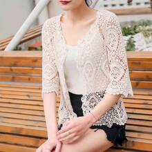 Hollow Crochet Floral  Sleeves Open Front Cropped Cardigan - 淺褐色的 - 查看 7