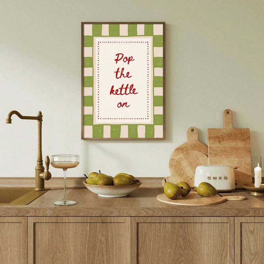 1pc Framed/Unframed Pop The Kettle On Kitchen Canvas Poster Green Checkered Vintage Tea Quote Wall Art Print Minimalist Retro Painting For Apartment,Dining Room,Living Room,Modern Home Decoration - A - View 1