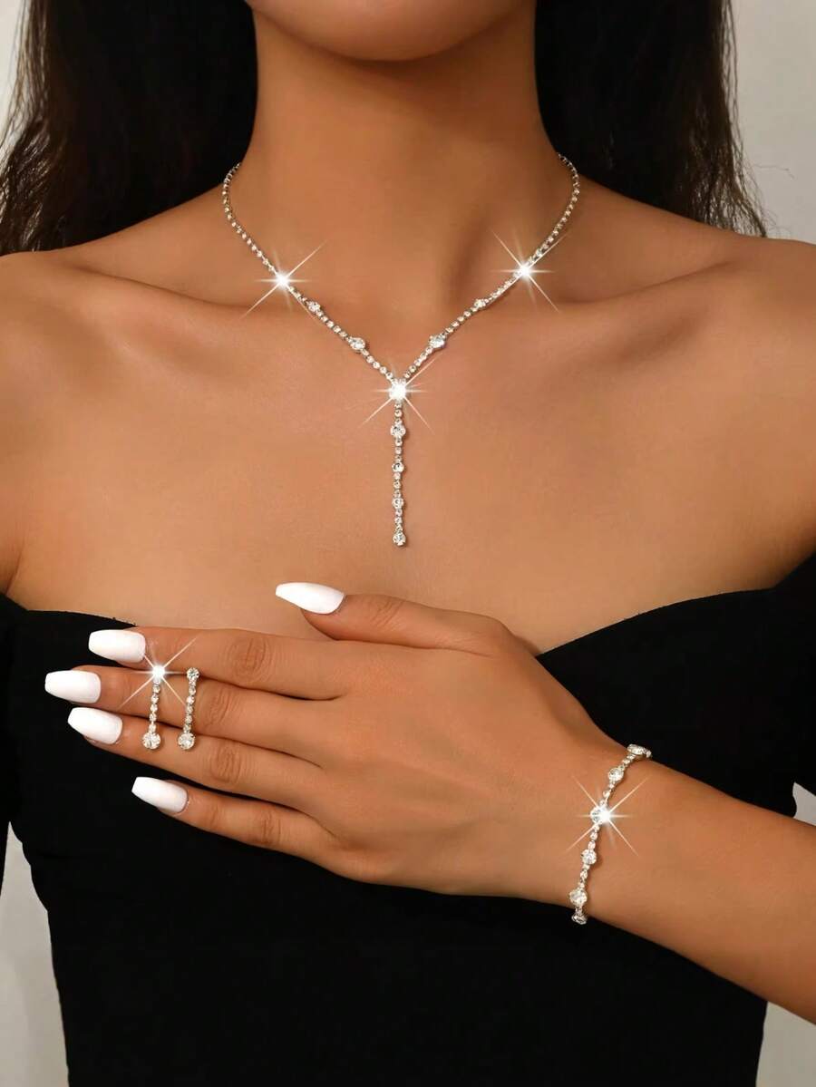 3pcs Luxury Y-Shaped Tassel Jewelry Set, Including Necklace, Earrings And Bracelet, Bridal Wedding Glamorous Sparkling Accessories, Suitable For Gala, Party, Events - Silver - View 1