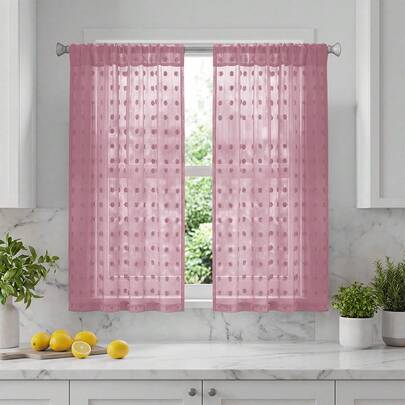 2 piezas Cortinas transparentes de estilo pastoril europeo con lunares y pompones, de bolsillo para barra, fácil de colgar, de tela de poliéster de calidad, suave y ligera, translúcida, lavable a máquina, adecuada para ventanas pequeñas, dormitorio, sala de estar, cocina, oficina