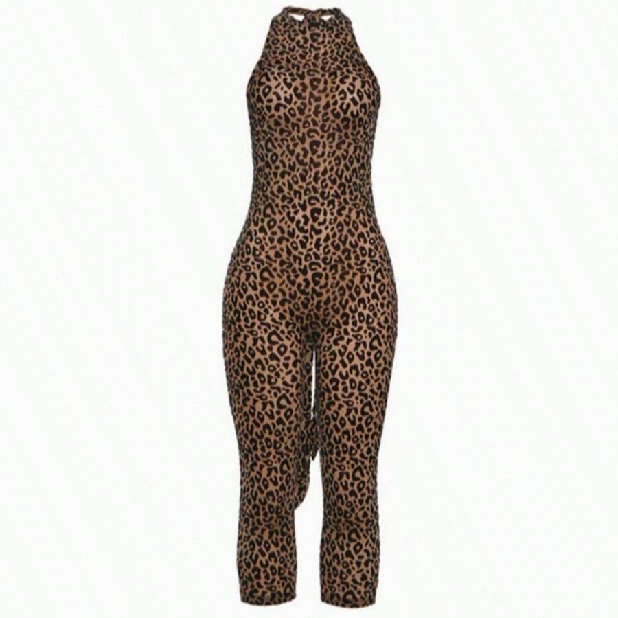 Fashionable European And American Style Halter Neck Leopard Print Jumpsuit, Sleeveless Backless Cropped Pants, Spicy Girl Style One-Piece Outfit - 卡其色 - 查看 1