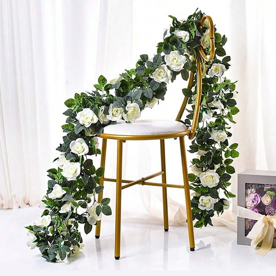 1件装10头丝绸布塑料人造玫瑰藤蔓,适用于婚礼装饰、家居卧室餐厅装饰、户外花园装饰、情人节装饰、新年生日派对背景装饰。 - 白色 - 查看 1