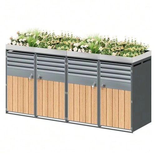 Garbage Can Storage Box, Ventilation Opening With Louvers, Lockable, Planting Area - 4 Doors - View 1