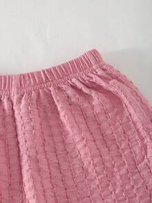 女童休闲可爱日常圆领无袖荷叶边草莓印花背心和松紧腰提花短裤套装，夏季 - 粉色 - 查看 6