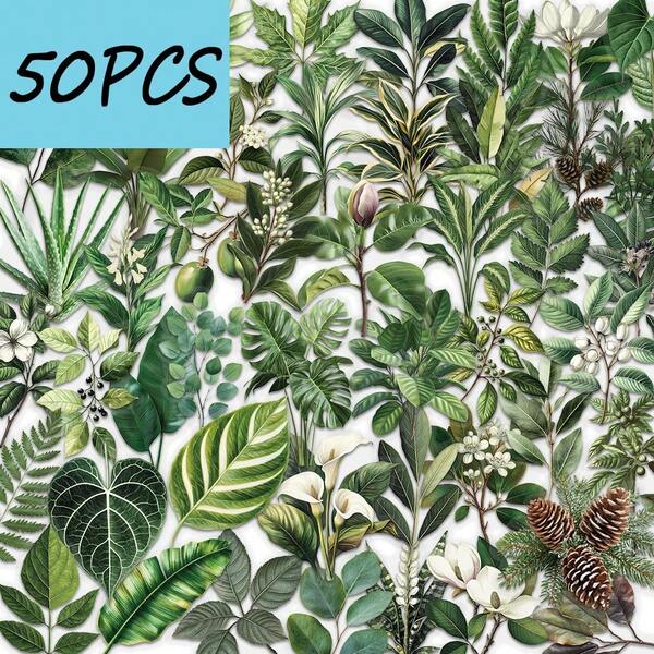 50PCS Green Plant Leaf Series Stickers, Suitable For Decorating Tablets, Phone Cases, Diaries, Envelopes, Waterproof PET Stickers