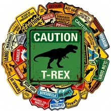 50pcs Vintage Dinosaur Warning Stickers, Creative Jurassic Decor Waterproof Stickers Suitable For Luggage And Skateboards - 50 Retro Dinosaur Warning Stickers - View 4