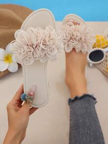 Plus Size Women's Summer Flat Gold Trim Elegant Comfortable Slide Sandals, Floral Decor Fashion Versatile Beach Home Outdoor Vacation Slippers - Beige - View 16