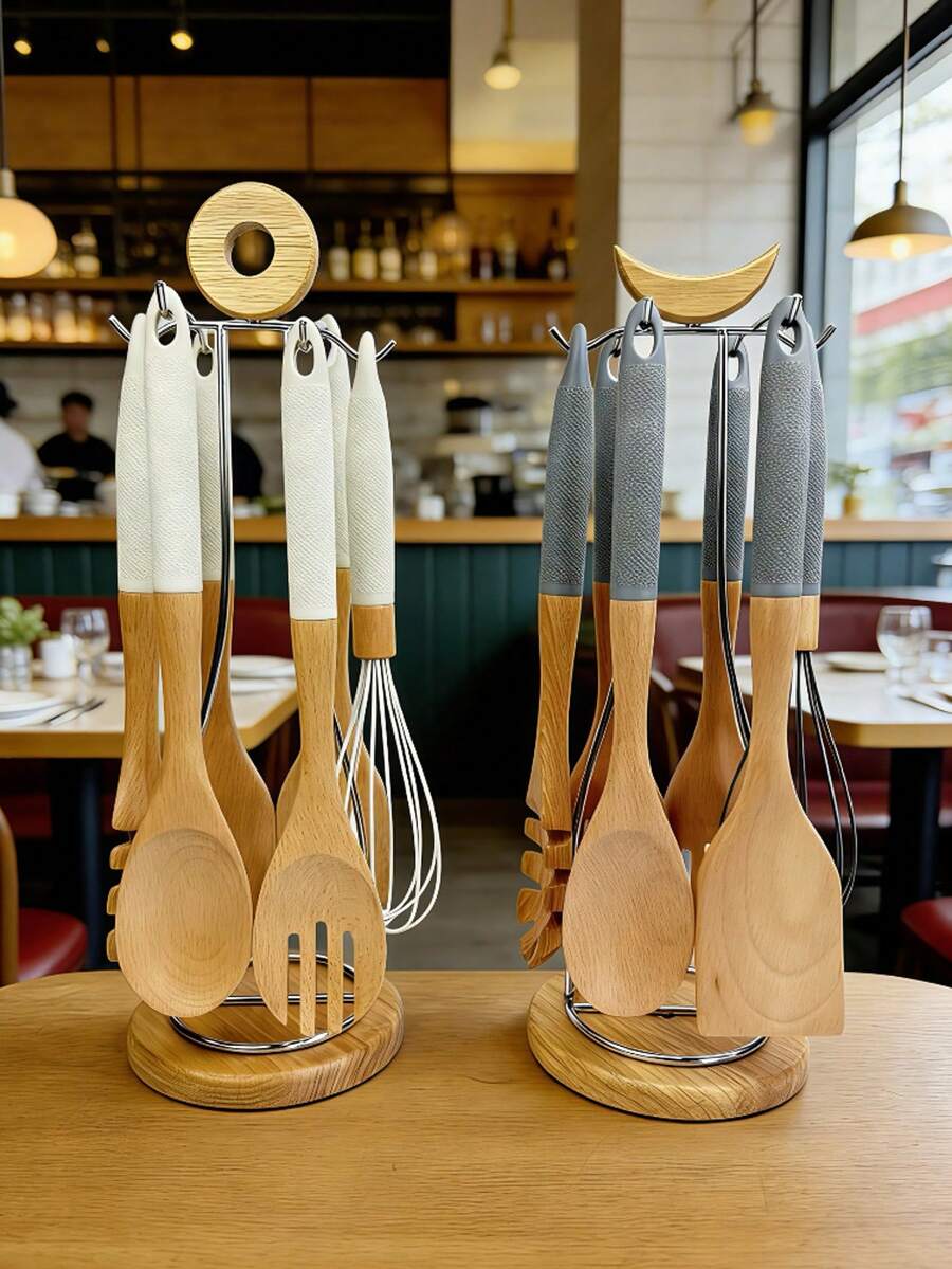 1件/5件套高品质天然木制烹饪用具，耐热不粘锅勺铲套装，包含汤勺、滤勺、意面勺、漏勺、烹饪勺、沙拉叉，厨房工具，适用于厨房、户外野餐、母亲节、圣诞节、婚礼、宰牲节等各种节日，是馈赠佳品。