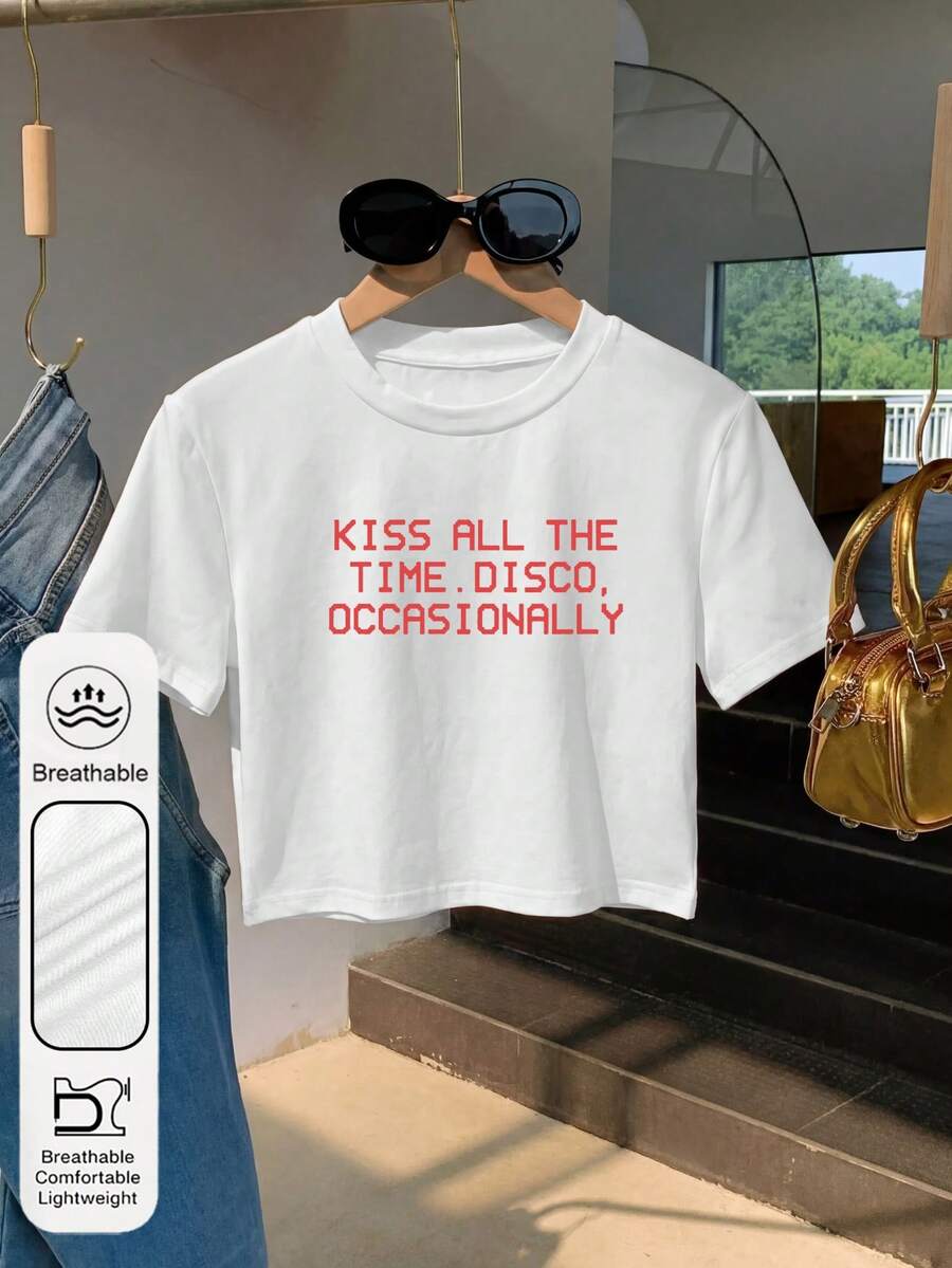 女款 Y2K 風格「Always Kissing, Occasionally Partying」圖案圓領短袖休閒夏季短版白色上衣，Harry 專輯巡演周邊 T 恤