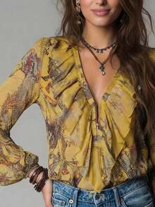 Vintage French Vacation Style Elegant Chiffon Allover Print Deep V-Neck Zipper Ruffle Sleeve Women Blouse Summer - Amarillo - Ver 3