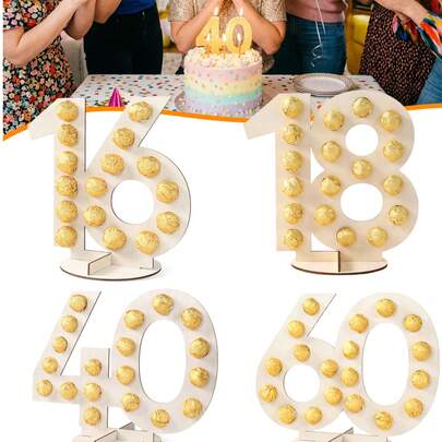 1 set Support en bois pour chocolat avec numéros, comprenant les numéros 16/18/40/60 ans. Support pour chocolat avec numéros pour décoration d'anniversaire, de mariage, d'anniversaire et de fête. Support de présentation en bois, ornement de bureau pour anniversaire heureux, présentoir décoratif de fête, centre de table de dessus de table, faveurs de fête