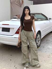 U-Neck Short Sleeve T-Shirt, Stretchy Slim Fit Solid Color All-Match Tee Casual Summer - Coffee Brown - View 4