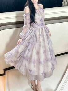 Đầm cocktail chiffon trễ vai thanh lịch dành cho nữ, kiểu dáng Hàn Quốc, họa tiết in, dáng chữ A, xếp ly, thích hợp cho sinh nhật, dạ hội, lễ hội hoặc đi biển. - Màu tím hoa cà - Xem 8