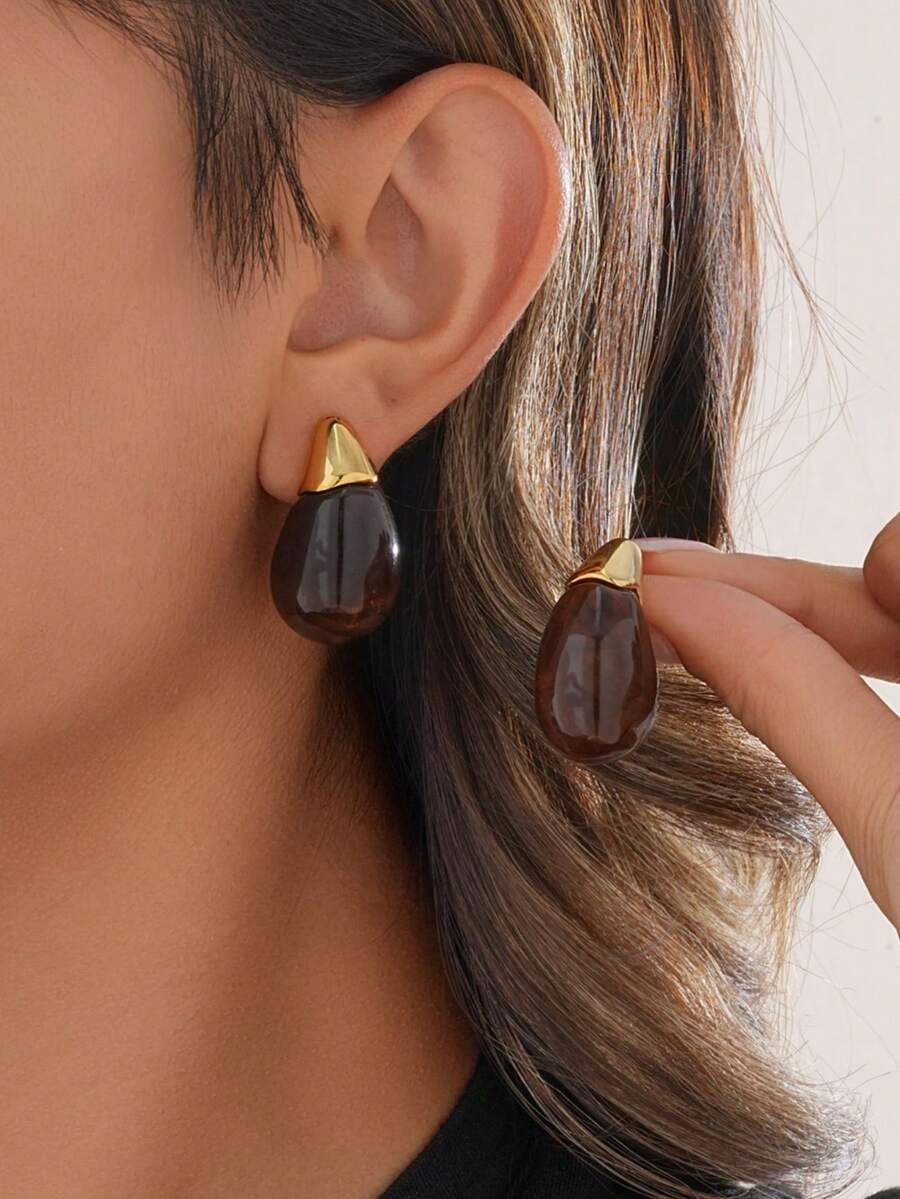 1 Pair Retro French Style Resin Water Drop Earrings, Unique Design Elegant Personalized Earrings For Women - Brown - View 1