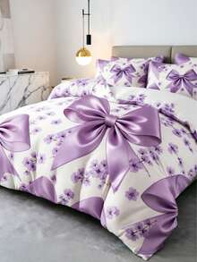 3pcs Elegant Black Bow Bedding Set (1 Duvet Cover + 2 Pillowcases, Pillow Insert Not Included), Luxury Bow Bedding Set, Soft Warm Comfortable Bedroom, Guest Room, Dormitory Decor Bedding Set - Mauve Purple - View 3
