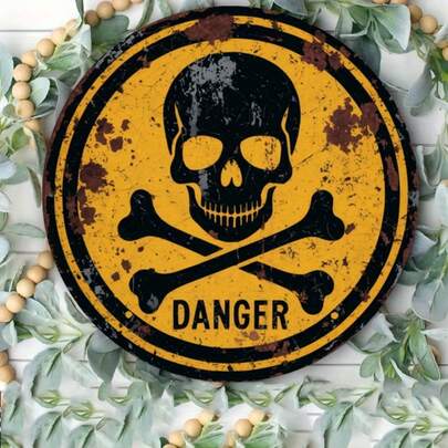 1pc Vintage Round Metal Wall Art - Skull And Crossed Swords Danger Sign Design, Size 19.81X19.81cm, Distressed Yellow And Black Edges, Suitable For Indoor/Outdoor Decoration In Office, Club, Garage Or Home, Pre-Drilled Holes As Shown In Size Chart