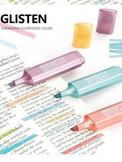 Set van 8 metallic markeerstiften, met oplichtende punt, sneldrogende inkt op waterbasis, comfortabele beitelpunt van 1-5 mm, geschikt voor tijdschriften, advertenties, notities, kunstprojecten. Deze set van 8 fluorescerende markeerstiften droogt snel, loopt niet uit en is ideaal voor studenten, kantoor en dagboeken.
