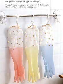 1 Pair Daisy Print Long Waterproof Dishwashing Gloves, Oil-Proof Kitchen Cleaning Gloves - A - View 2