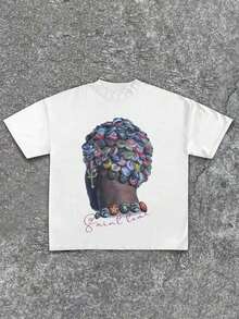 Bottle Cap Artwork Portrait Loose-Fit T-Shirt,Casual Print,Comfortable And Versatile,Letter Pattern Pure Cotton Printed T-Shirt,Spring Clothes Women,Free Shipping Items Only,Cotton T Shirt,Cute Tops - 白色 - 查看 1