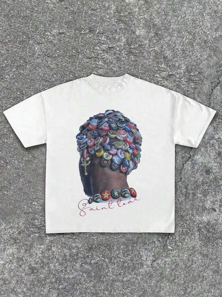 Bottle Cap Artwork Portrait Loose-Fit T-Shirt,Casual Print,Comfortable And Versatile,Letter Pattern Pure Cotton Printed T-Shirt,Spring Clothes Women,Free Shipping Items Only,Cotton T Shirt,Cute Tops - 白色 - 查看 1