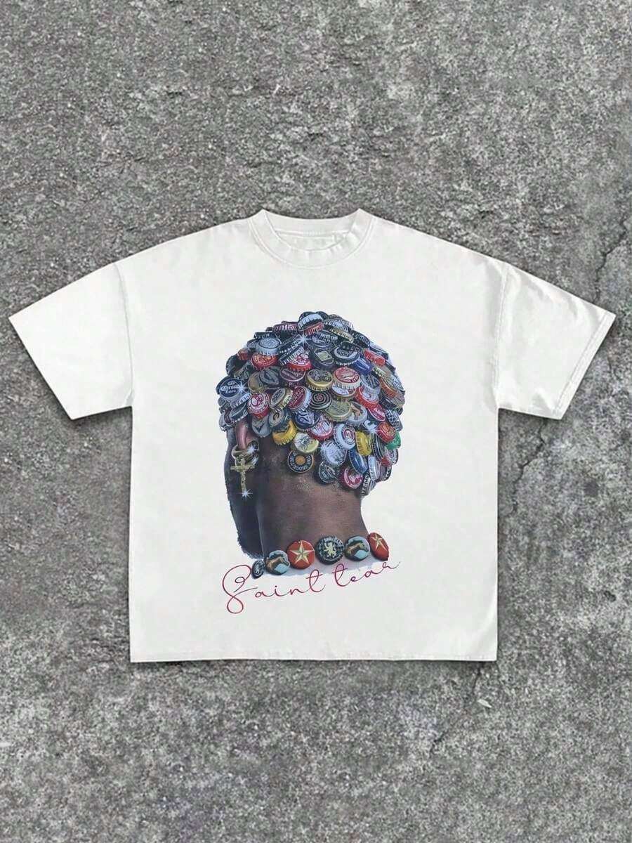 Bottle Cap Artwork Portrait Loose-Fit T-Shirt,Casual Print,Comfortable And Versatile,Letter Pattern Pure Cotton Printed T-Shirt,Spring Clothes Women,Free Shipping Items Only,Cotton T Shirt,Cute Tops - 白色 - 查看 1