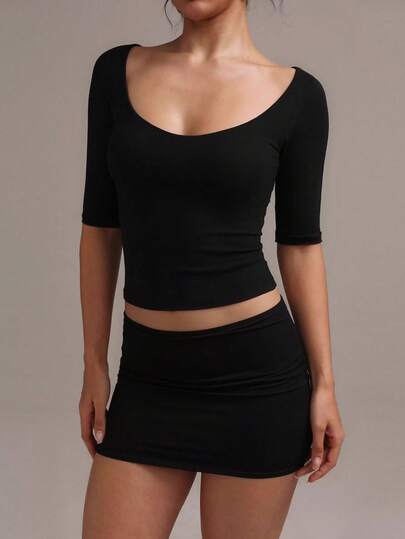 XLLAIS Sexy Sweetheart Neck Yoga Basic High Elasticity Naked Feeling Slim Fit Short Sleeve Black Summer Sports T-Shirt Casual