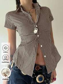 Sunny Girly Y2K Back To School Season Cotton Fitted Collared Short Sleeve Shirt, Button Closure, Blue Plaid Academic Style Top Summer - Cà phê nâu - Xem 12