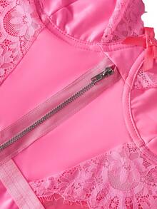 PU Leather Sexy Zipper Dress With Mesh Pants Sexy Outfit - Hot Pink - View 4
