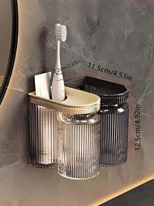 1 Set Soporte de pared de lujo para cepillo de dientes y estante para vasos, organizador de baño impermeable con soporte para cepillo de dientes eléctrico, fácil instalación sin taladrar - Multicolor - Ver 7