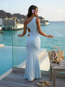 Đầm lệch vai màu xanh nhạt | Đầm dạ hội nhẹ nhàng kiểu Âu và Mỹ với chi tiết thắt eo và xẻ tà cao đến đùi - Màu xanh lam - Xem 2