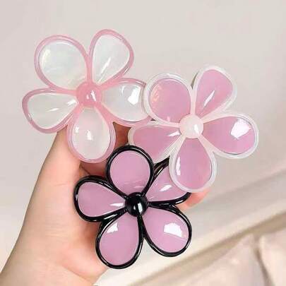 3个/1个装 女士时尚可爱街头休闲优雅撞色花卉发夹 中号 8.5厘米/3.35英寸 粉色/米色 花朵发爪夹，适合女士日常佩戴、化妆、沐浴、通勤、度假、上学、聚会、节日、送礼、发饰、夏季、旅行、夏季海滩发夹