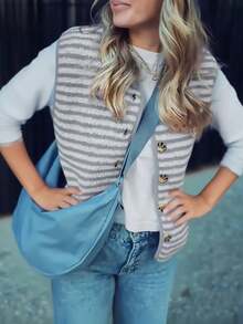 1pc Striped Casual, Holiday, Date Night Fuzzy Vest Jacket, Suitable For Autumn/Winter, Magenta - Grey - View 4