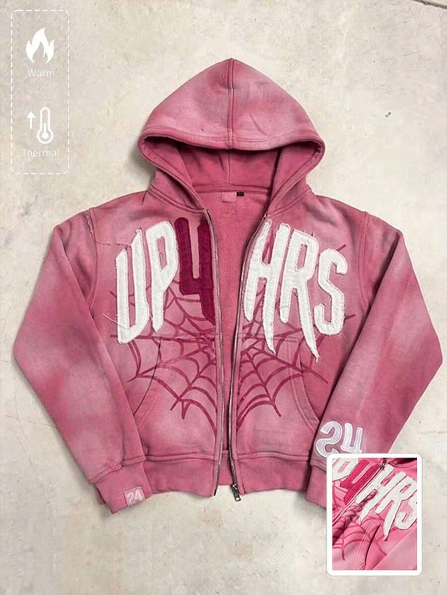 Winter And Spring Y2k Retro Letter Spider Web Digital Printing Personalized Design Sense Hip-Hop Hooded Jacket Hoodies For Men - Pink - View 1