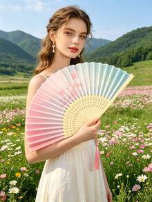 Leque de Mão Dobrável Estilo Chinês Vintage com Degradê, Leque de Borla de Bambu Sakura Elegante, Leque de Mão de Seda Retrô Portátil para Senhoras, Acessório de Resfriamento de Verão, Prop de Fotografia, Presente de Festa, Casamento, Aniversário, Festival, Cosplay, Decoração Doméstica, Uso Diário, Passeio, Viagem, Praia, Atividade ao Ar Livre - Multicolorido - Visão 1