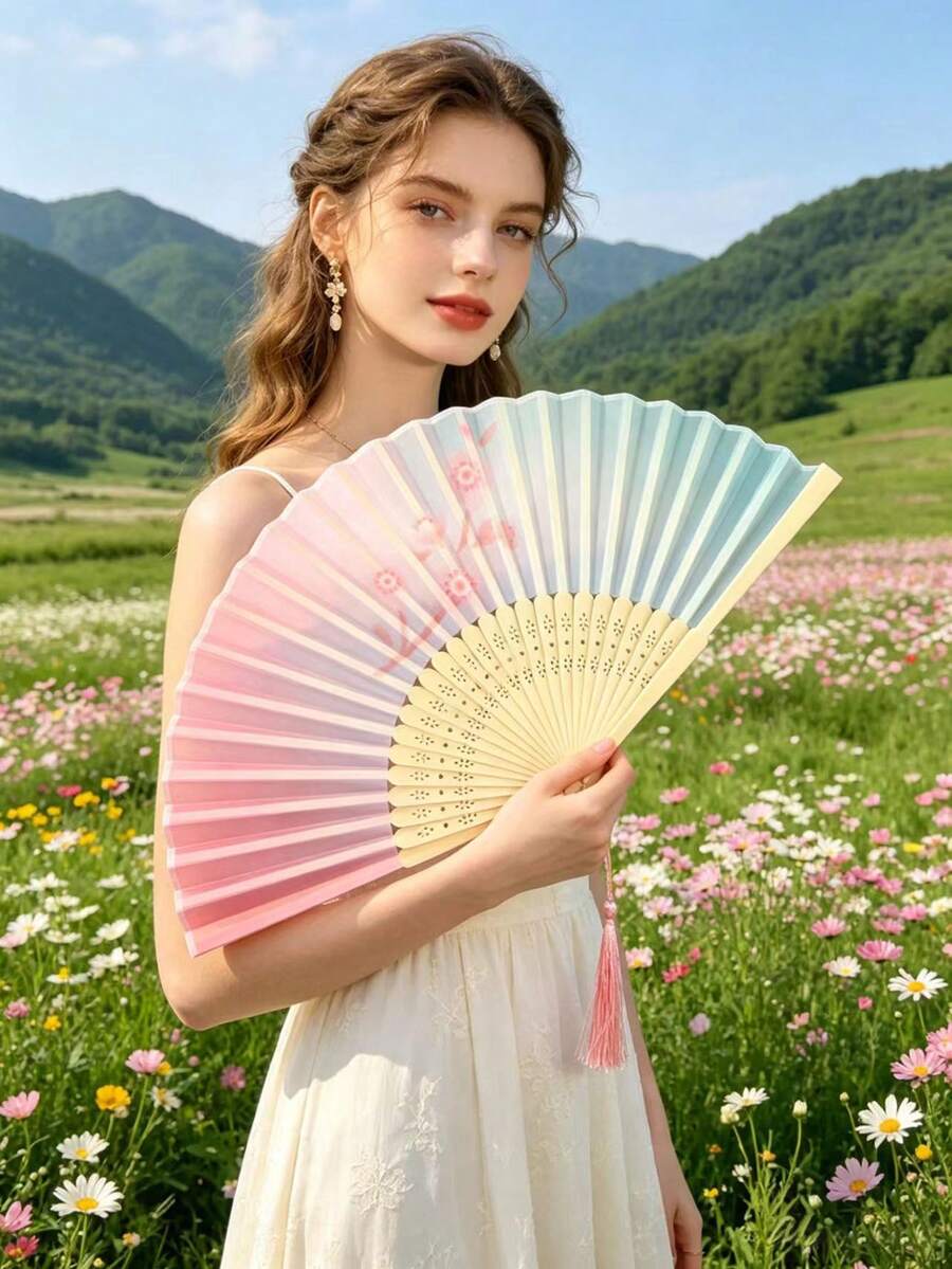 Leque de Mão Dobrável Estilo Chinês Vintage com Degradê, Leque de Borla de Bambu Sakura Elegante, Leque de Mão de Seda Retrô Portátil para Senhoras, Acessório de Resfriamento de Verão, Prop de Fotografia, Presente de Festa, Casamento, Aniversário, Festival, Cosplay, Decoração Doméstica, Uso Diário, Passeio, Viagem, Praia, Atividade ao Ar Livre - Multicolorido - Visão 1
