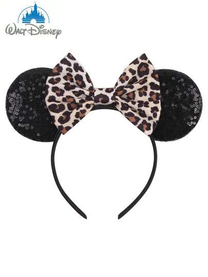 Disney , 1pc Fashionable Leopard-Print Ear Headband, Sparkly Bow Hair Accessory, Sparkly Headband With Bow, Costume Accessory, Perfect For School Parties, Costume Parties, Role-Playing, And Theme Parks-The Perfect Gift For Any Occasion