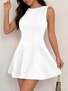 Women Elegant Sleeveless Crewneck High Waist A-Line Mini Dress Summer Spring Casual Formal Graduation Party Cocktail Valentine Short Dress Outfits - 白色 - 查看 1