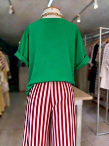 Kaos Wanita Minimalis Leher Bulat Lengan Pendek Kain Elastis Tinggi Kasual Musim Panas - Dark Green - View 2