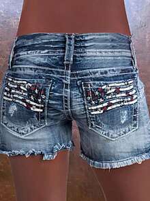 Women's Casual Distressed Denim Shorts With Unique American Flag Pattern And Frayed Hem, Sexy Boho Style Short Design Summer - Medium Wash - View 2