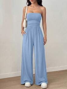Women Summer Strapless Tube Top Ruched Wide Leg Pants Jumpsuit Casual Spring Holiday Beach Vacation Airport Sleeveless Rompers Outfits - 淺藍色 - 查看 5