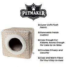 Cat Pet Bed Cave Indoor Enclosed Covered Cavern/House for Cats Kittens and Small Pets with Removable Cushion Pad - marrn tostado Tan Animal Print - Ver 5