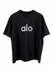 Alo Yoga Black T-Shirt With Large Front Logo, Loose Fit, Short Sleeve, Casual Sporty Style, Unisex Top - 查看 9