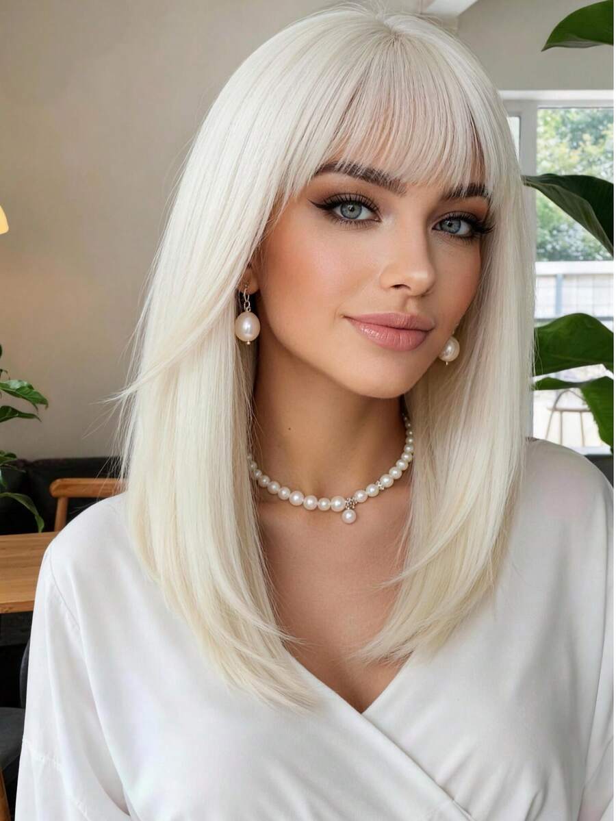 Peluca negra recta de 14 pulgadas con flequillo, cabello sintético resistente al calor para mujeres - Blanco - Ver 1