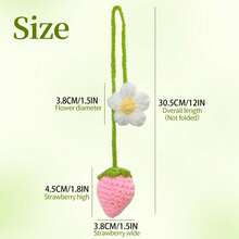 2pcs Handmade Crochet Strawberry Flower Car Rearview Mirror Pendant - Cute And Decorative Car Accessory, Suitable For Women And Teenagers - Pink - View 2