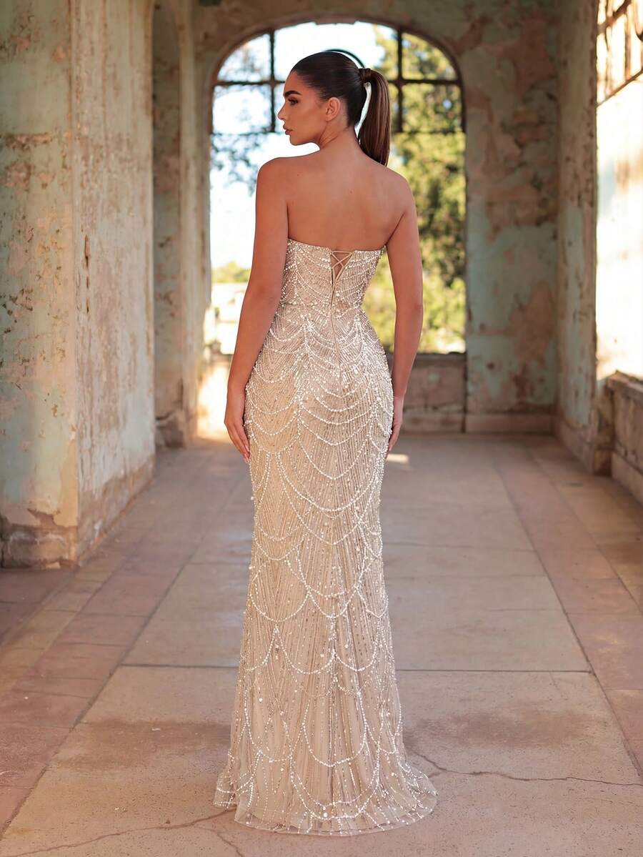 Faeriesty Đầm dạ hội dáng đuôi cá thanh lịch không dây vai dành cho nữ, được trang trí bằng sequin và ngọc trai, kiểu dáng sang trọng, thích hợp cho đám cưới.